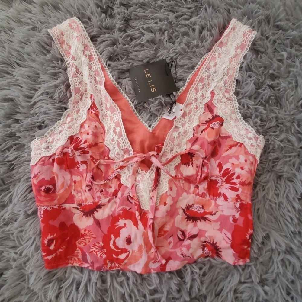 Le Lis Red and Pink Floral Lace Crop Top